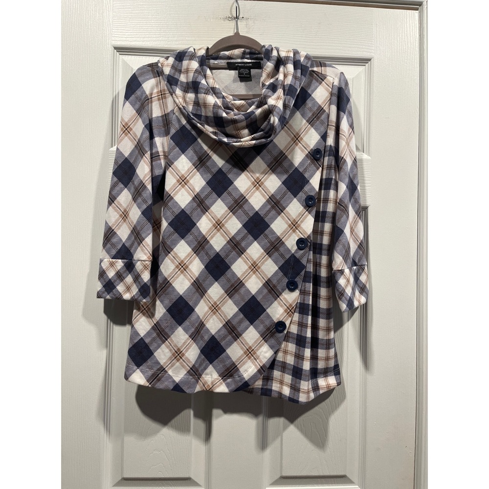 Robert Louis Plaid Cowl Neck Top Navy Tan Asymmetrical Button Accent Size‎ S